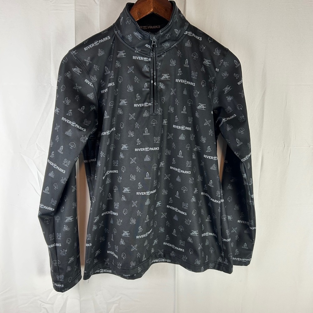 Forged Fabrics Quarter Zip Pullover Womens Small Black River Parks Graphic Print